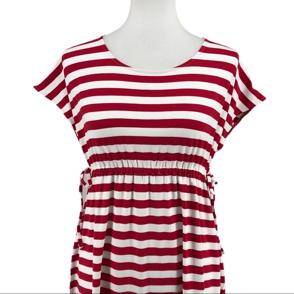 a:glow Red White Strip Drawstring Waist Short Sleeve Maternity Sheath Midi Dress - Picture 2 of 8